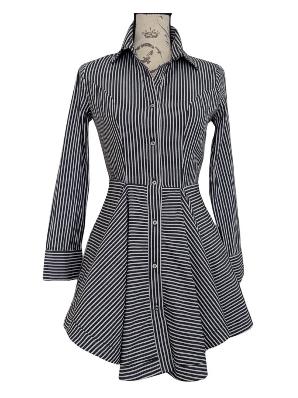 bebe Pinstripe Fit & Flare Shirt Mini Dress Black White Cotton Size 4 - Picture 2 of 12